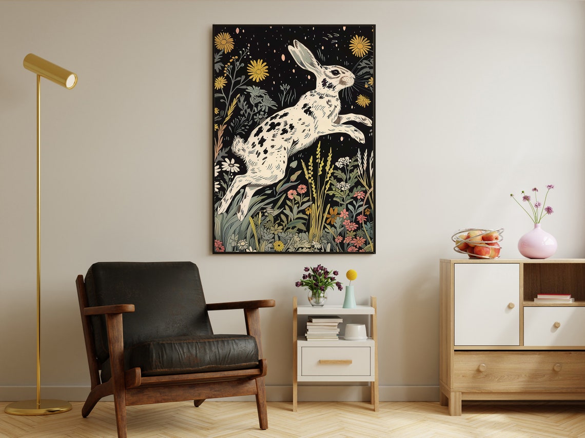 Leaping White Rabbit Night Garden Wildflower Cottage Art Poster - Image 2