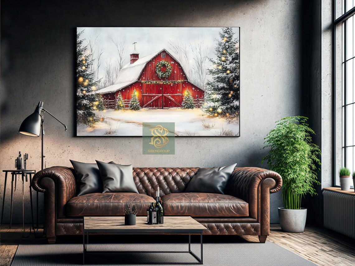 Red Barn In Snow With Christmas Wreath Lights Rustic Winter Poster - Image 2