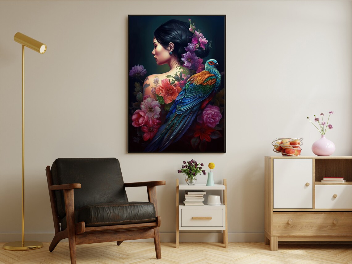 Tattooed Woman In Profile With Colorful Parrot And Pink Flowers Poster - Image 2