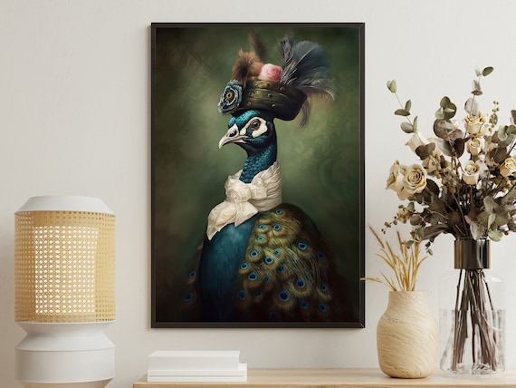 Peacock Gentleman In Victorian Feather Hat And White Bow Animal Art Poster