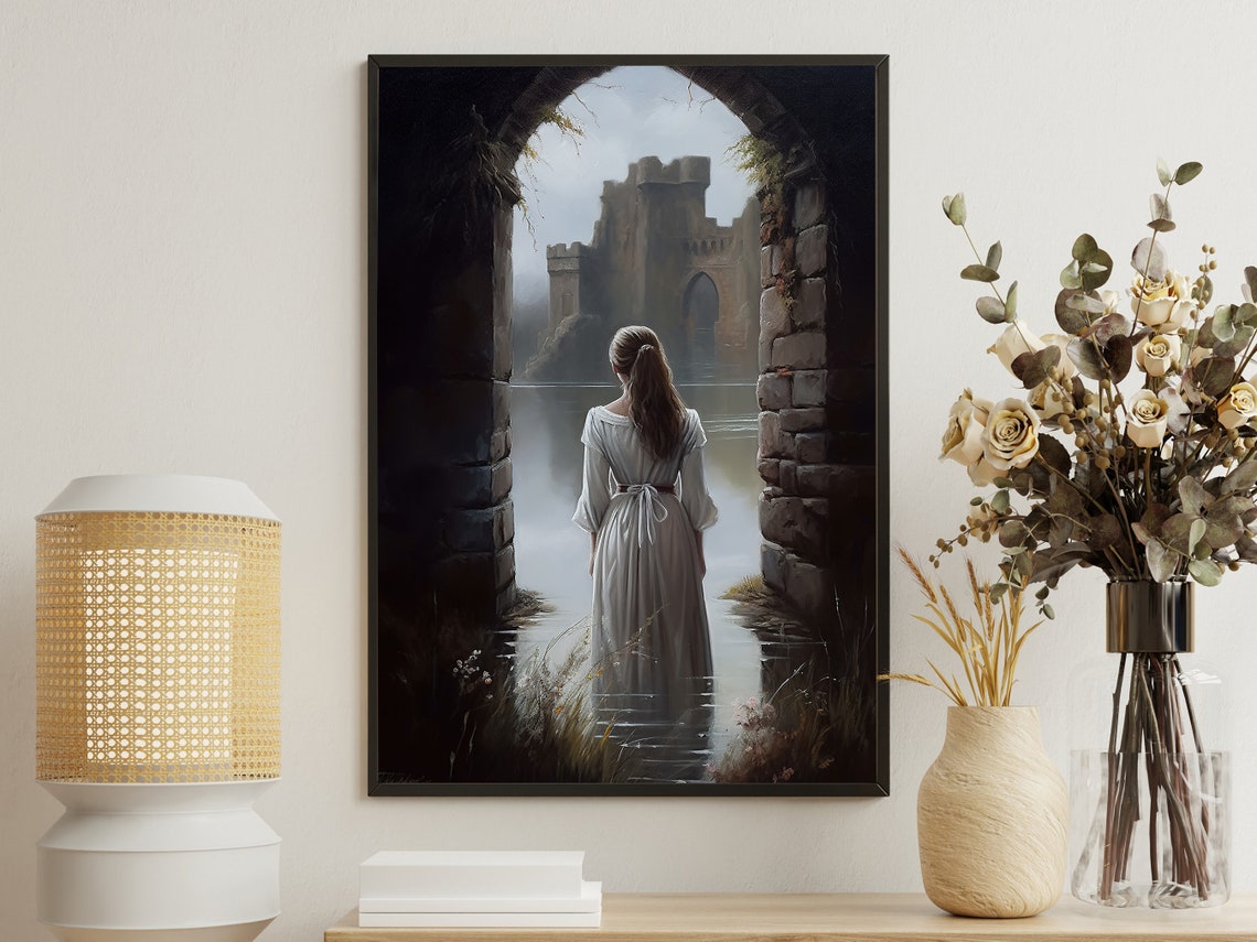 Romantic Woman In White Gown Walking Toward A Misty Castle Poster