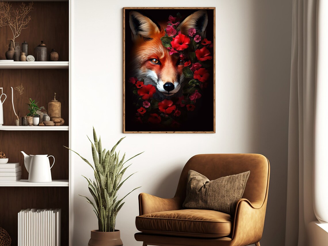 Red Fox Portrait Among Scarlet Flowers Dark Moody Wildlife Animal Poster - Image 3