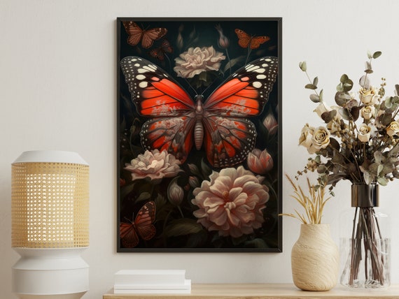 Dark Colorful Butterfly Painting Flowers Art Print Butterfly Print Flowers Wall Art Botanical Art Print Flowers Poster Print