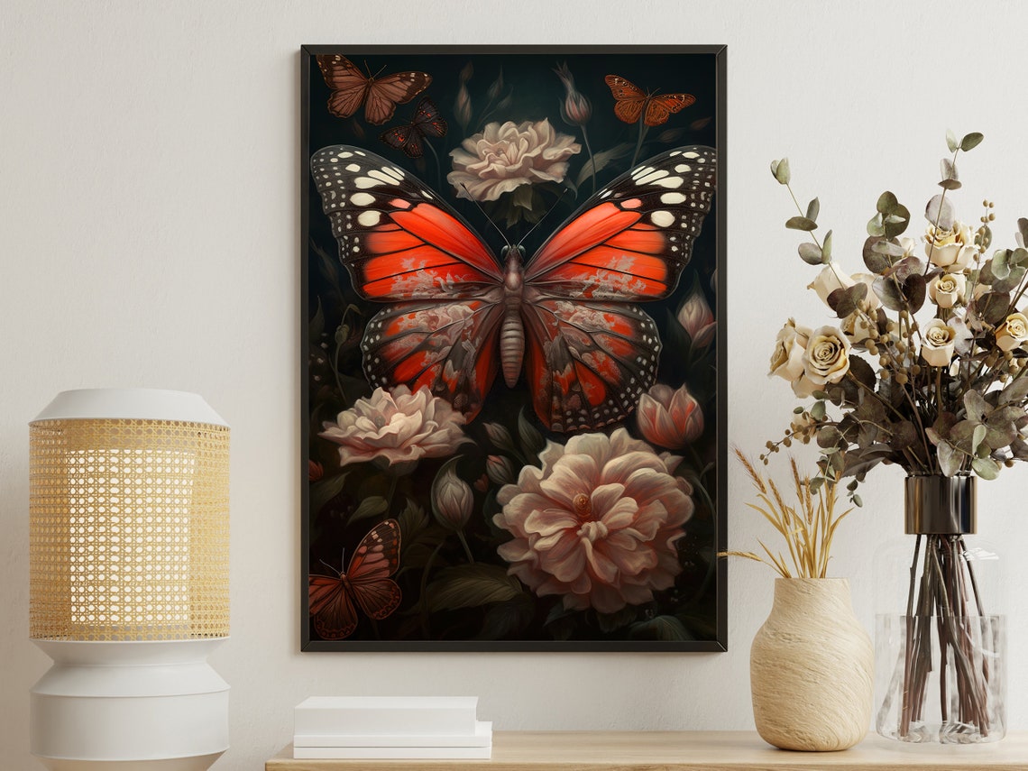 Bold Red And Black Butterfly Resting On Peach Blossoms At Night Poster