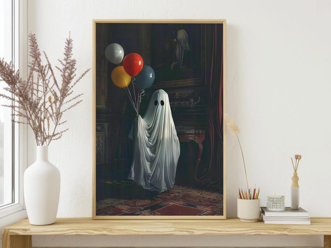 Cute Sheet Ghost Holding Colorful Balloons Dark Parlor Art Poster - Image 4