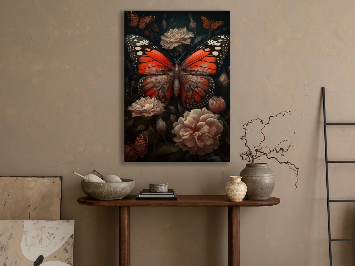 Bold Red And Black Butterfly Resting On Peach Blossoms At Night Poster - Image 3