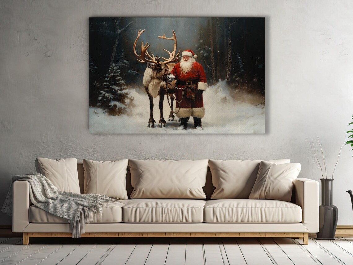 Vintage Santa And Reindeer Christmas Art Print - Image 2