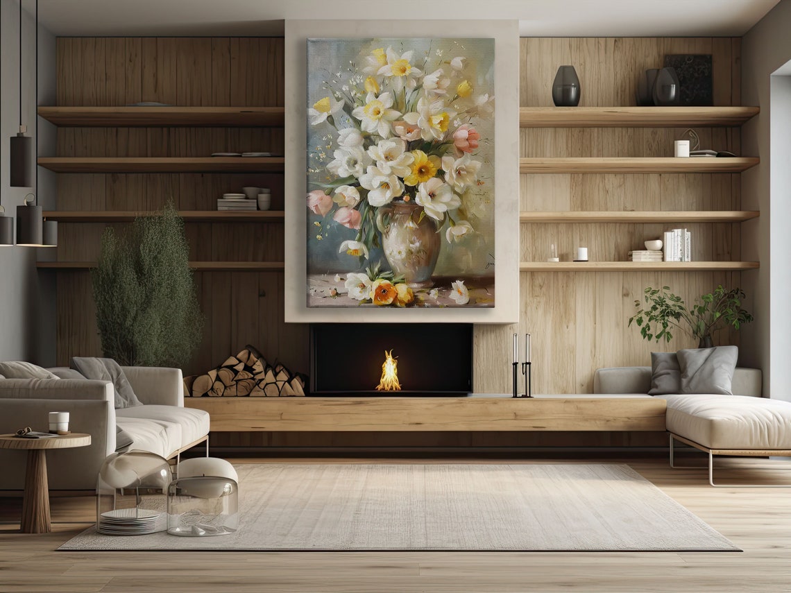 White Daffodils And Spring Flowers In Ceramic Vase Art Print - Image 2