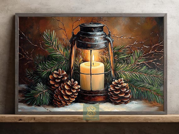 Cozy Christmas Lantern, Rustic Vintage Art Print