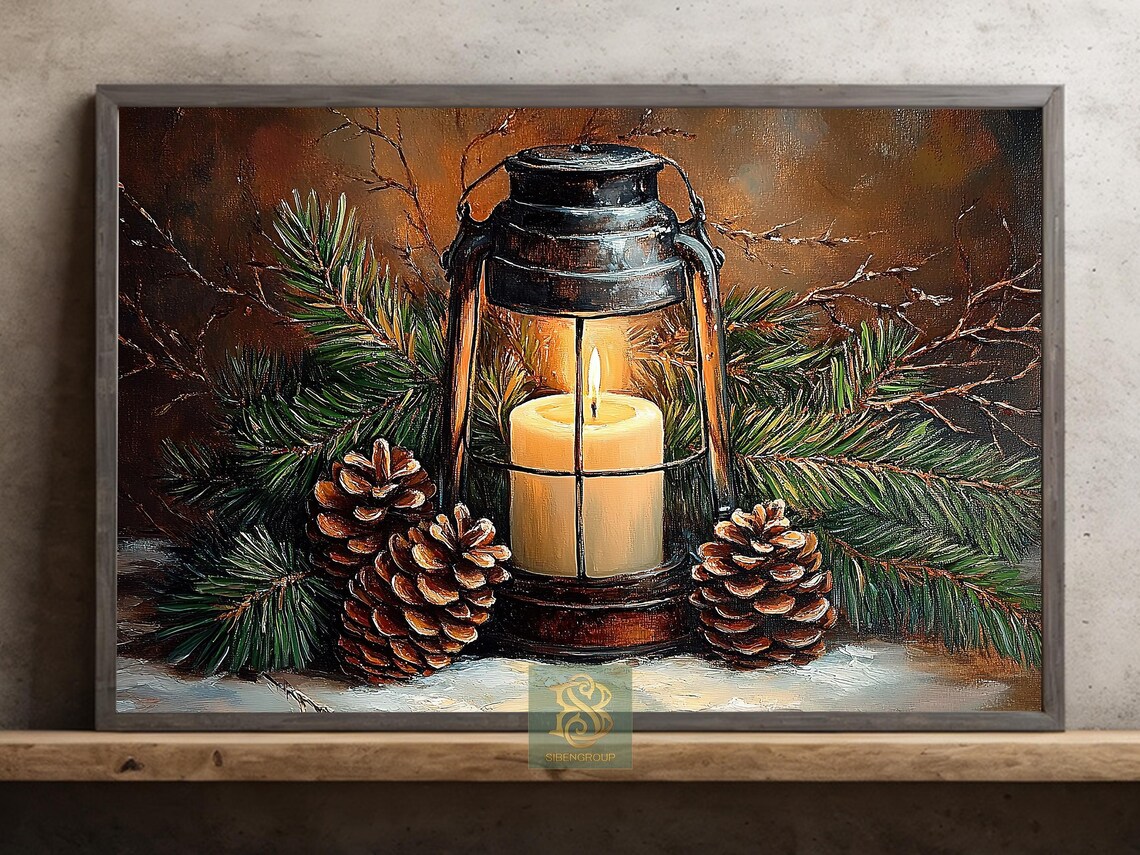 Cozy Christmas Lantern, Rustic Vintage Art Print