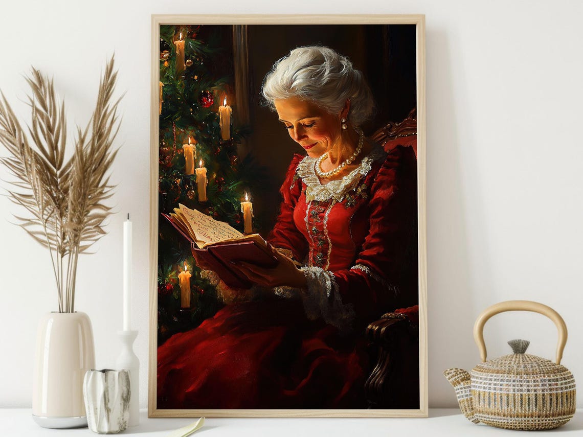 Vintage Mrs Claus Reading by Candlelight Beside Christmas Tree Poster - Image 4