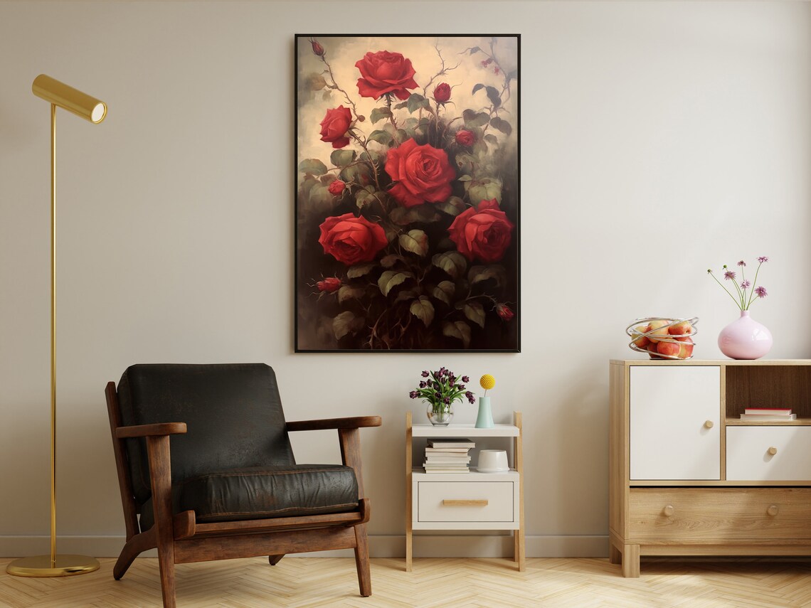 Vintage Red Roses Blooming Dark Green Foliage Classic Floral Art Poster - Image 2