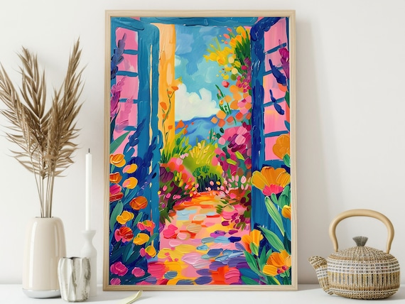 Colorful Flower Garden Through Blue Shutters Matisse Style Poster