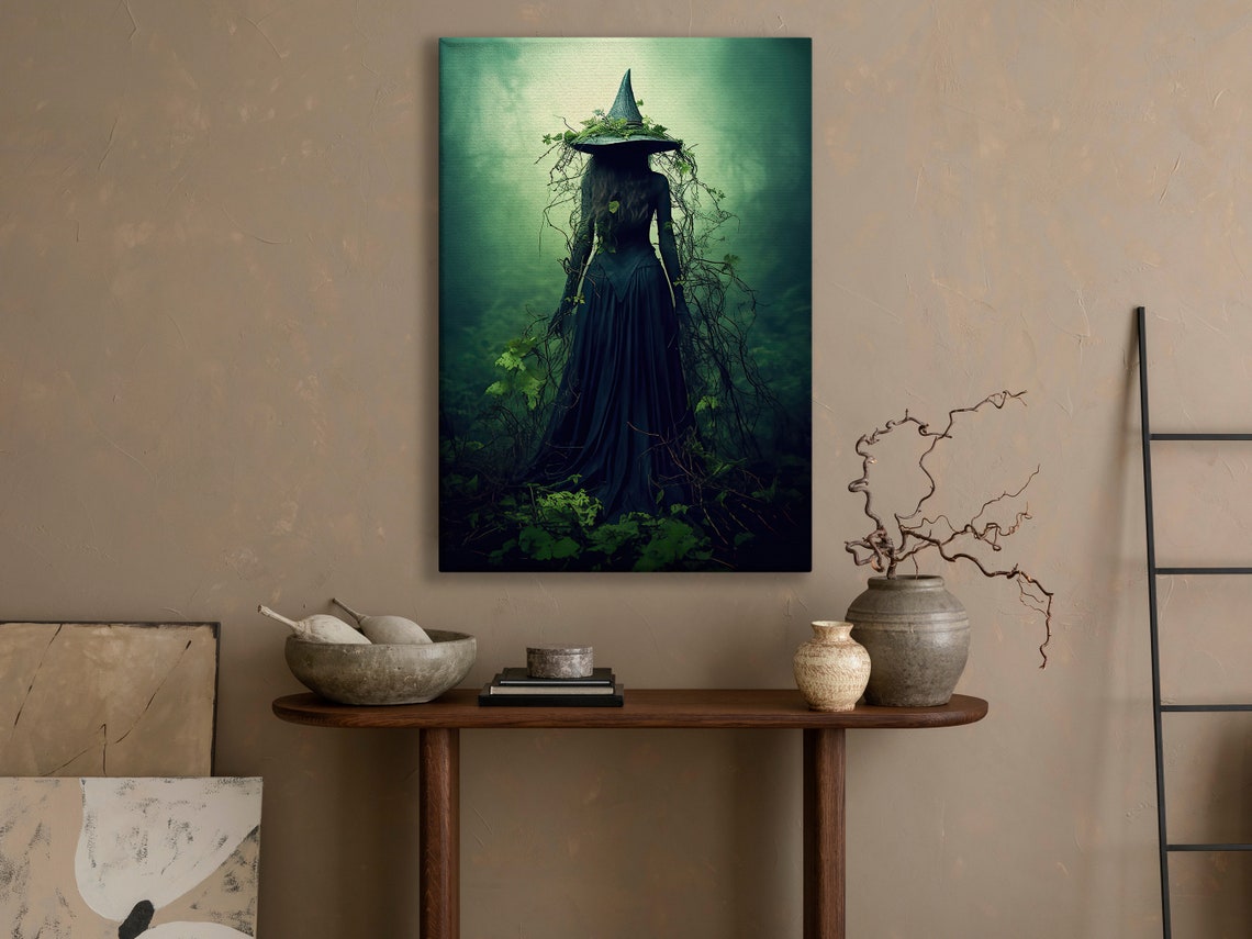 Witch In Misty Green Forest With Vine Hat Dark Nature Art Print - Image 3
