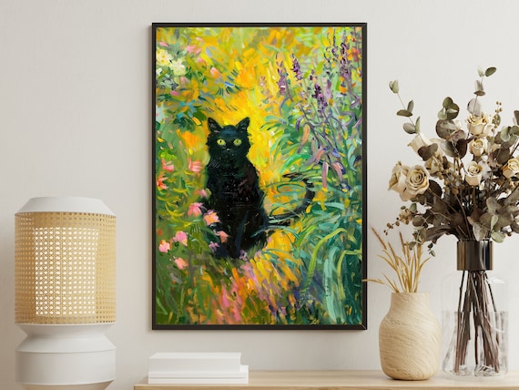 Black Cat Sitting In Colorful Flower Garden Impressionist Animal Print