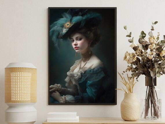 Victorian Lady Feathered Hat Teal Gown Moody Portrait Dark Academia Art Poster