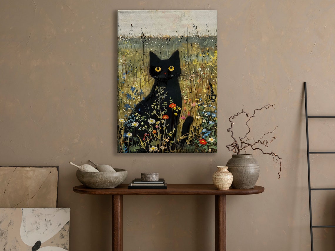 Black Cat Silhouette Among Wildflowers Muted Meadow Art Poster - Image 3