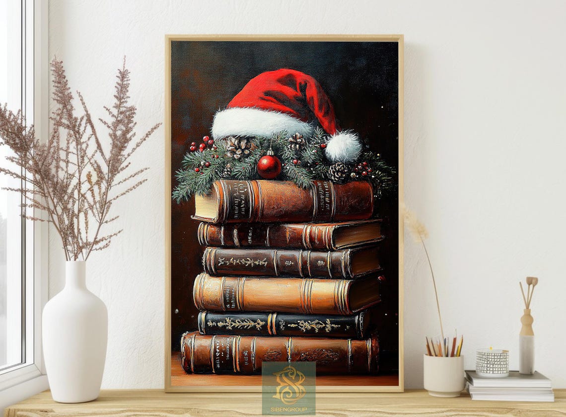 Vintage Stack Of Old Books With Santa Hat Pine Garland Holiday Print - Image 4