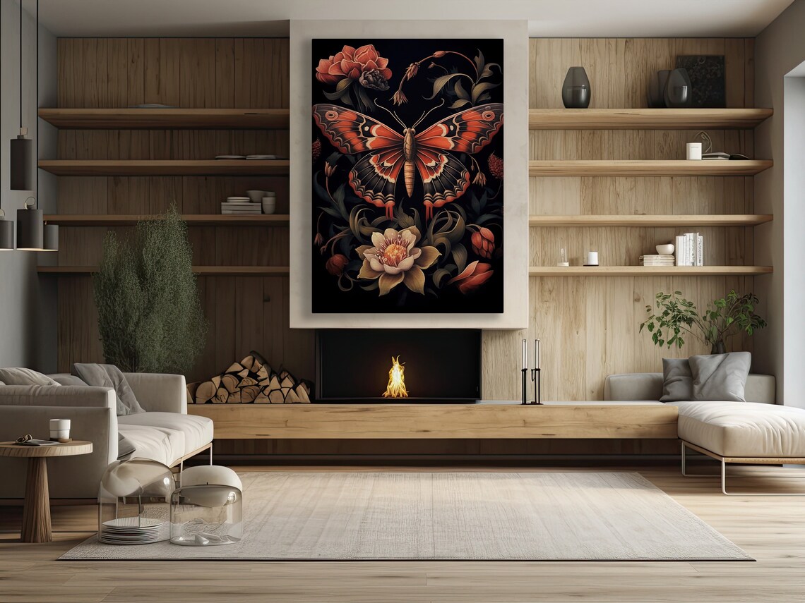 Dramatic Red Moth Butterfly Dark Floral Gothic Botanical Vintage Art Poster - Image 2
