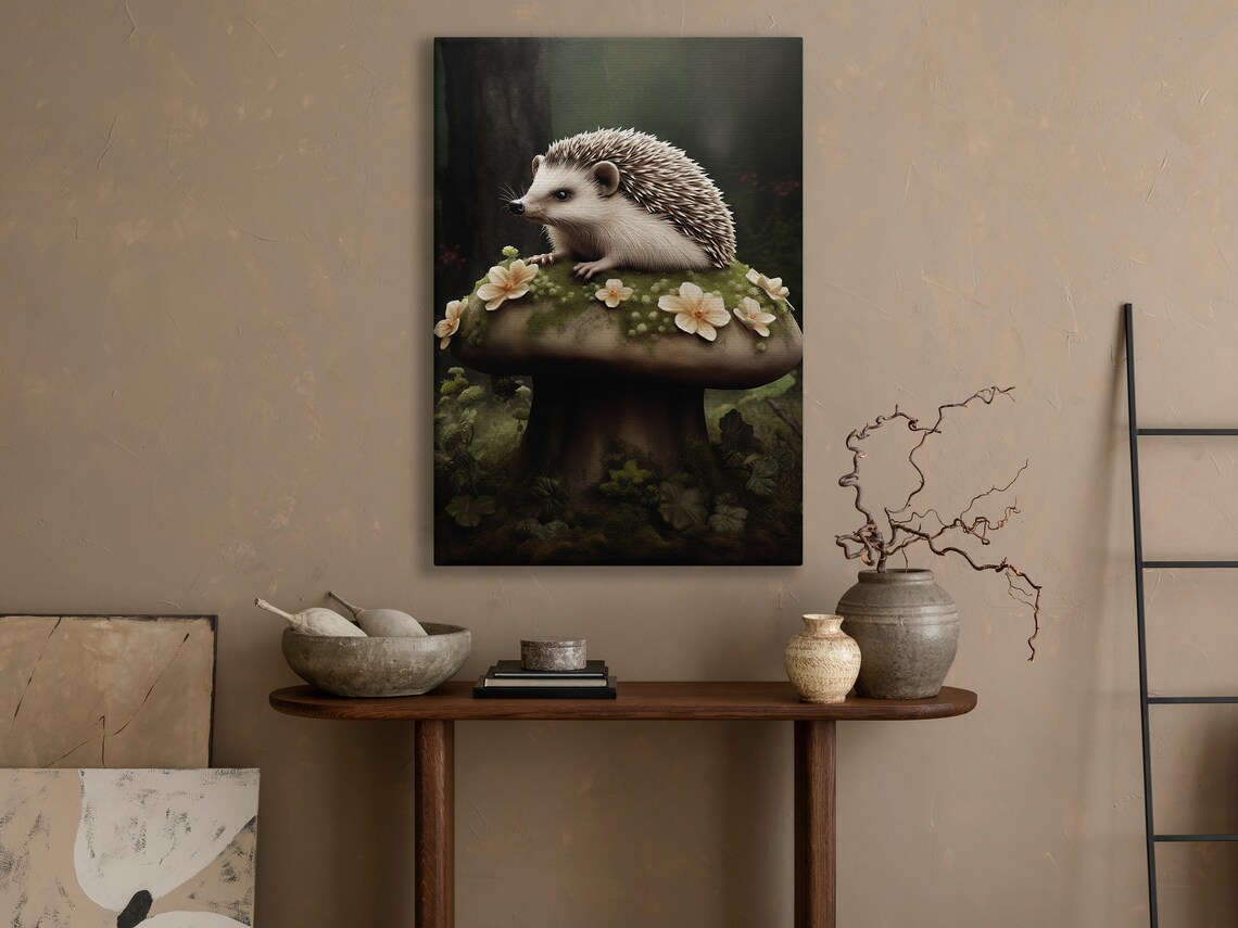 Hedgehog On Mossy Mushroom With White Blossoms Enchanted Forest Animal Print - Image 4
