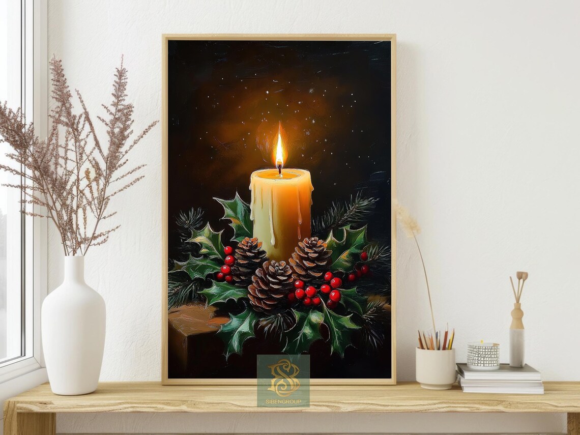Vintage Christmas Candles and Pinecone Art Print - Image 4