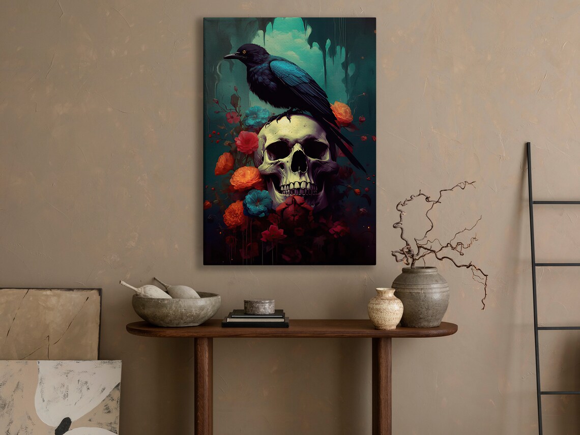Crow Perched On Skull Among Colorful Blooms Teal Gothic Dark Art Poster - Image 2