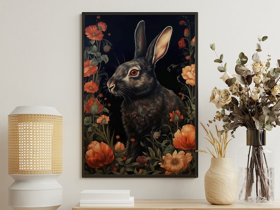 Black Rabbit In Profile Orange Poppies Dark Botanical Gothic Vintage Wall Art