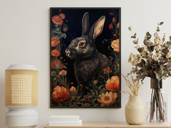 Vintage Rabbit Painting Rabbit Art Print Rabbit Print Gothic Art Print Dark Academia Art Print Rustic Flowers Poster Print