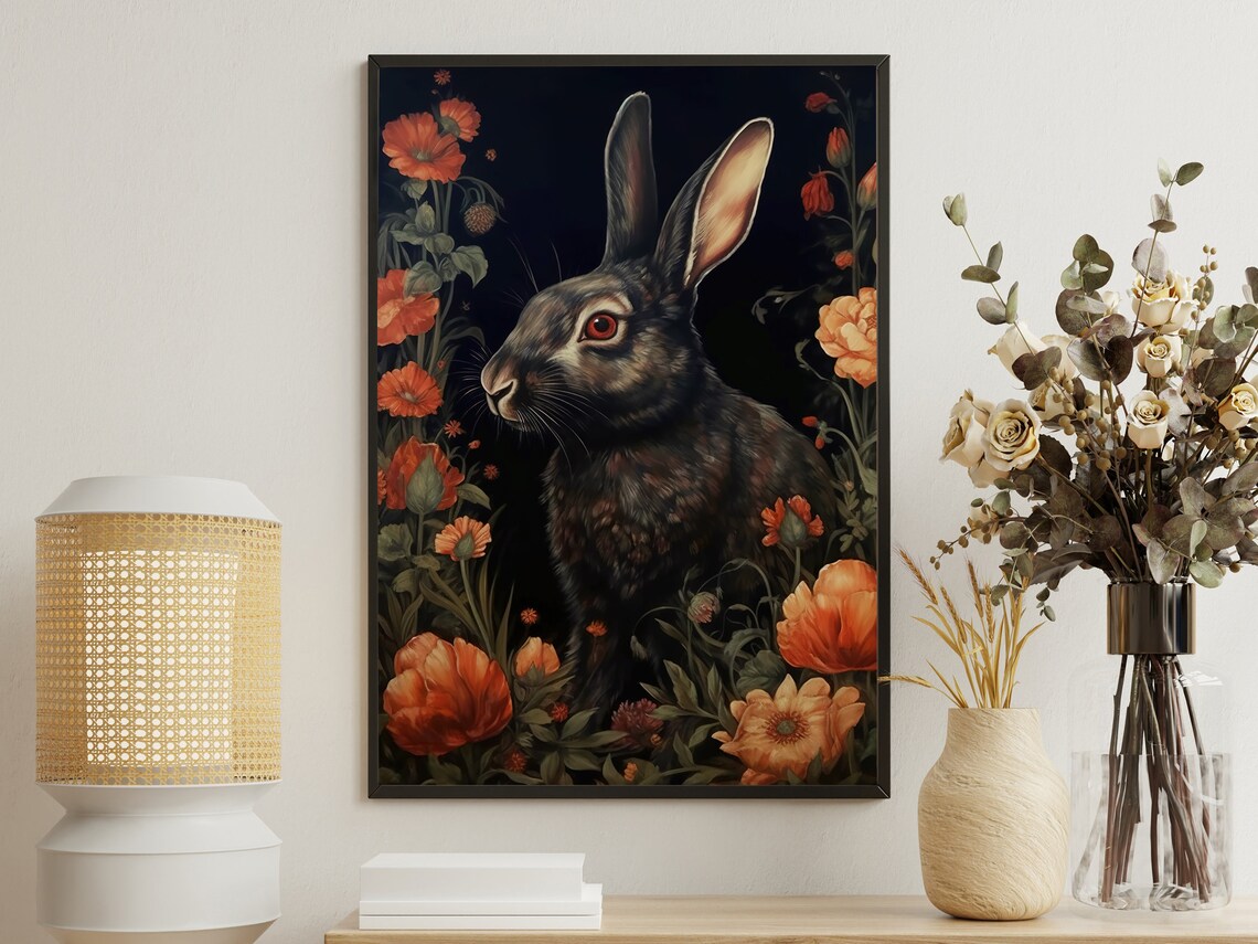 Black Rabbit In Profile Orange Poppies Dark Botanical Gothic Vintage Wall Art