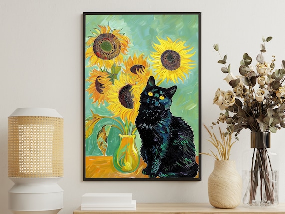 Black Cat With Sunflower Vase Van Gogh Style Bold Floral Cat Poster