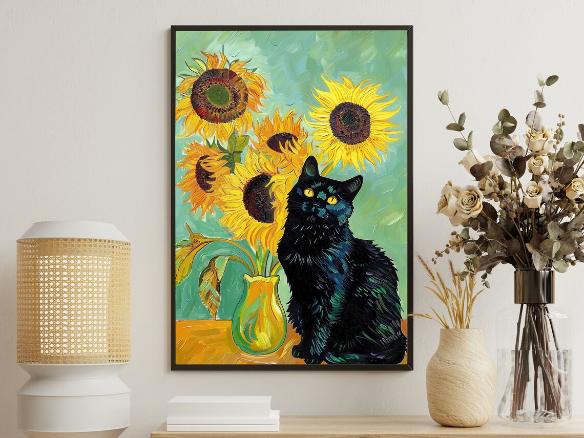 Black Cat With Sunflower Vase Van Gogh Style Bold Floral Cat Poster