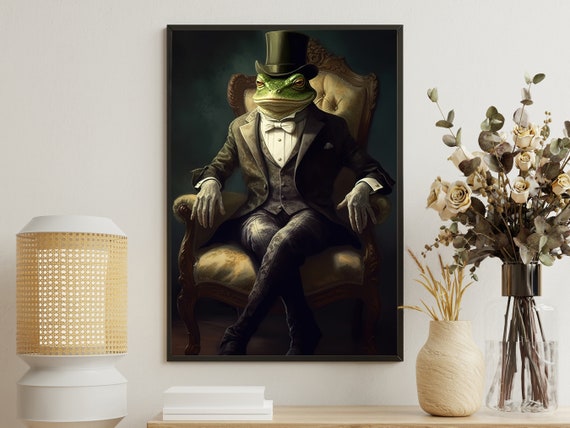 Vintage Frog In Suit Painting Retro Frog Art Print Cottage Animal Print Dark Animal Poster Print