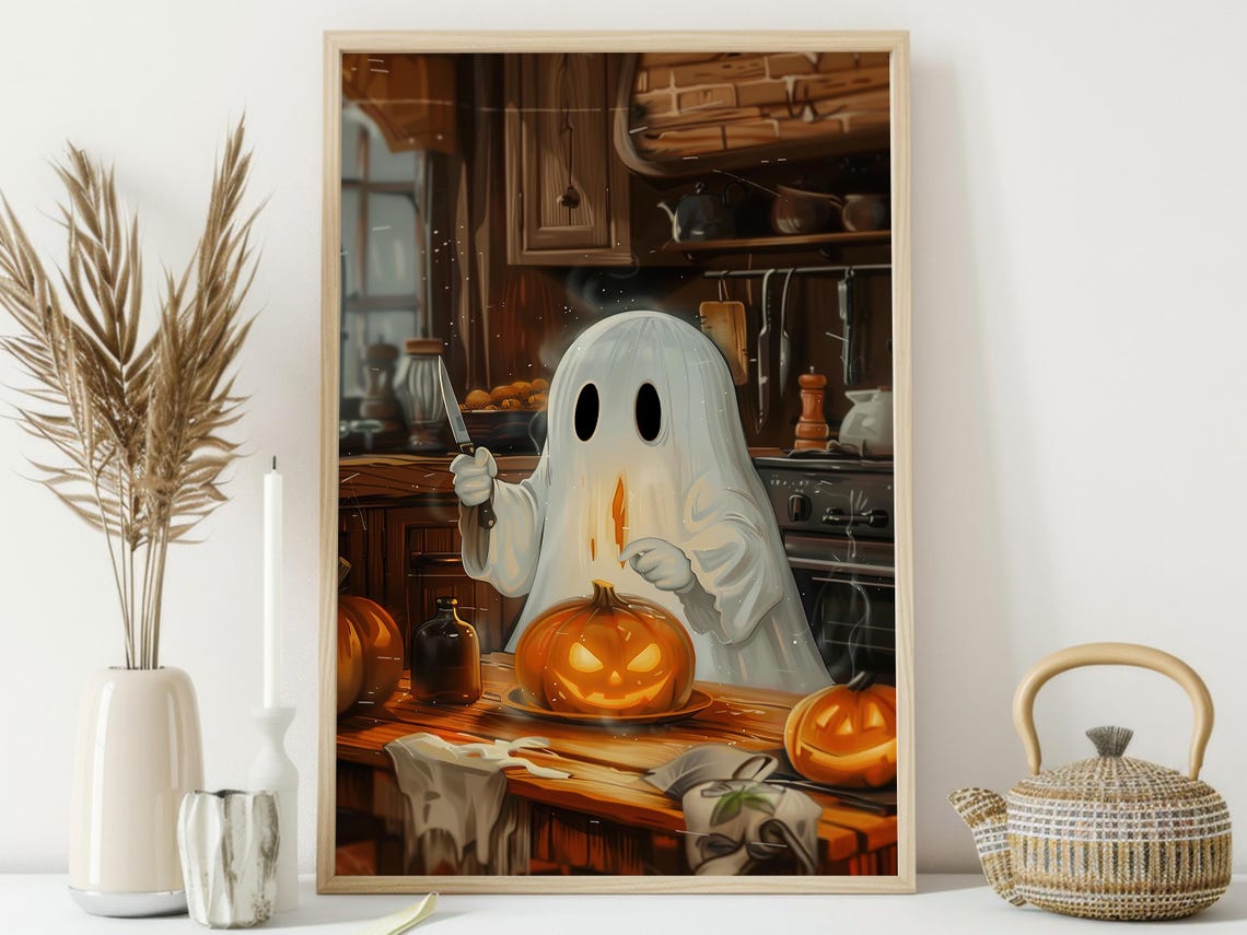 Ghost Carving Jack O Lantern Pumpkin in Cozy Kitchen Halloween Poster - Image 4