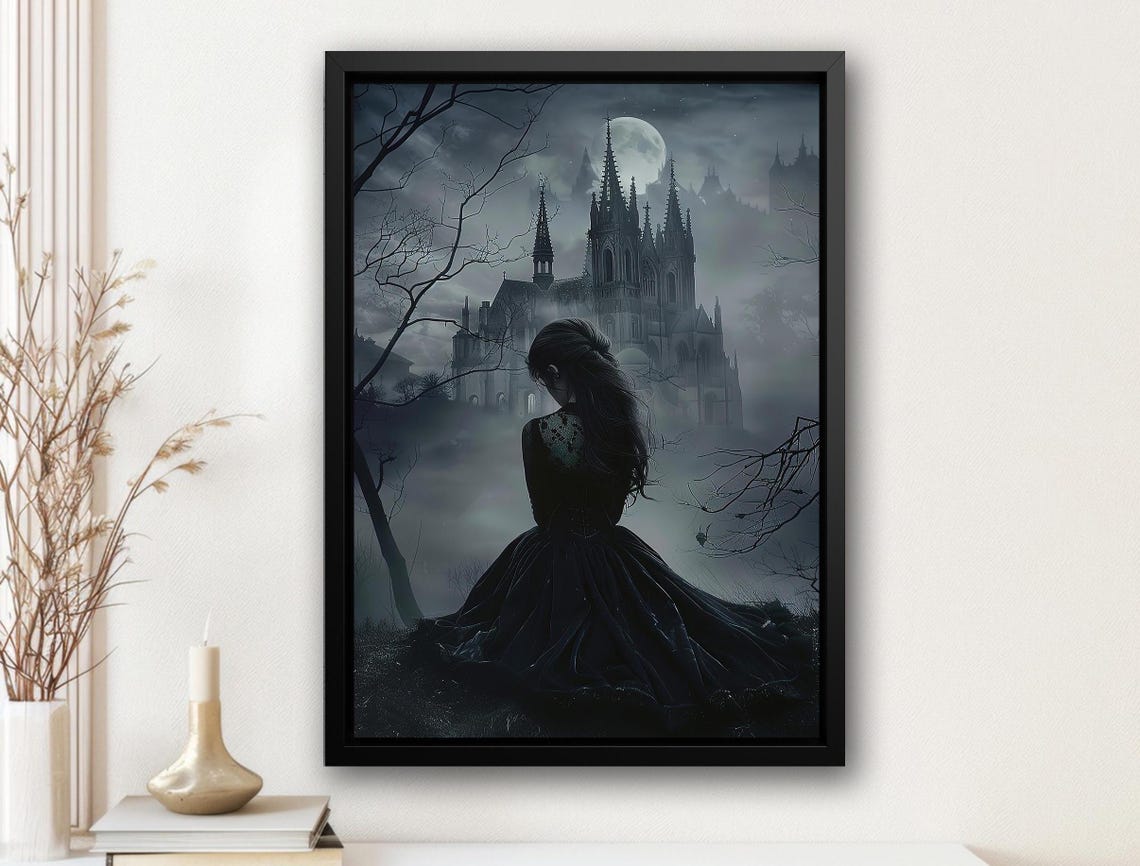Young Witch Gazing at Misty Gothic Castle Under Full Moon Art Poster