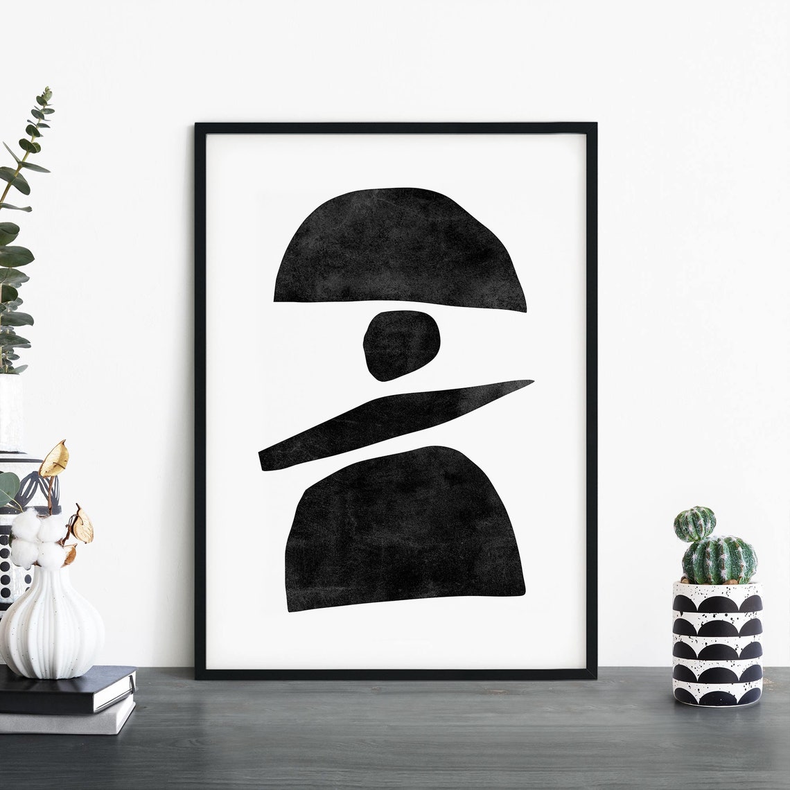 Balanced Geometric Shapes Black on White Minimalist Abstract Poster