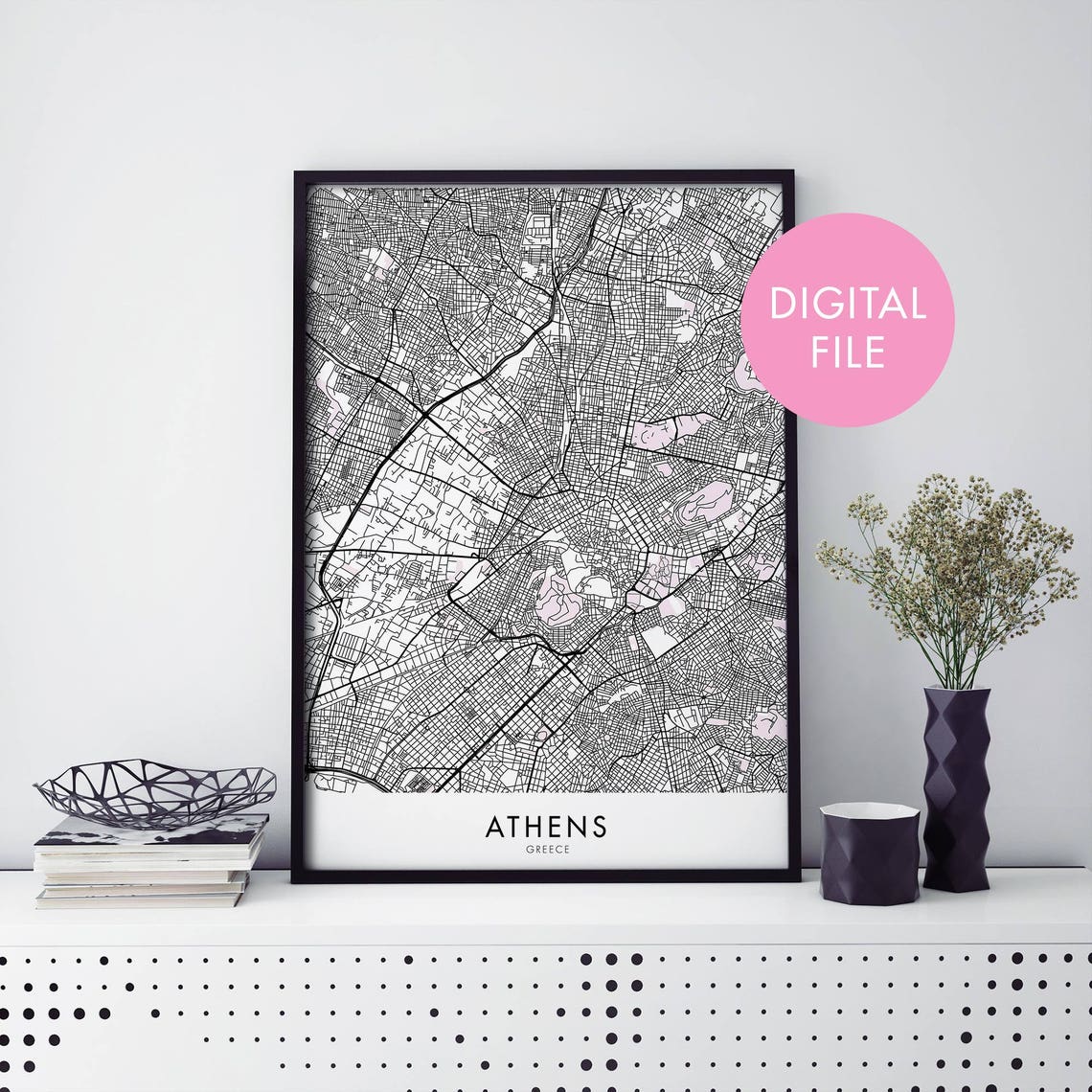 Athens Greece Black and White City Street Map Digital File Poster