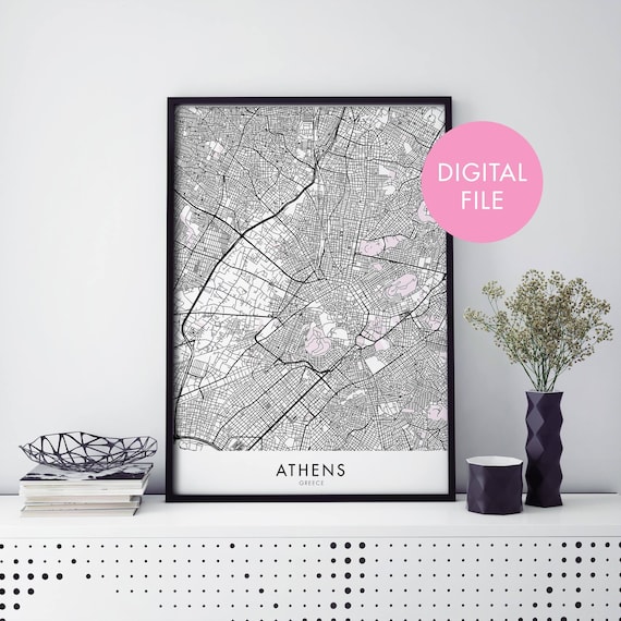 Athens Greece Black and White City Street Map Digital File Poster