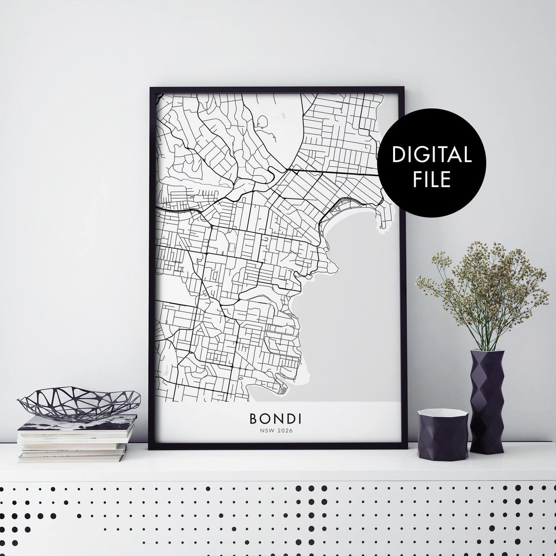 Bondi NSW Minimalist Black Line Coastal Street Map Art Poster