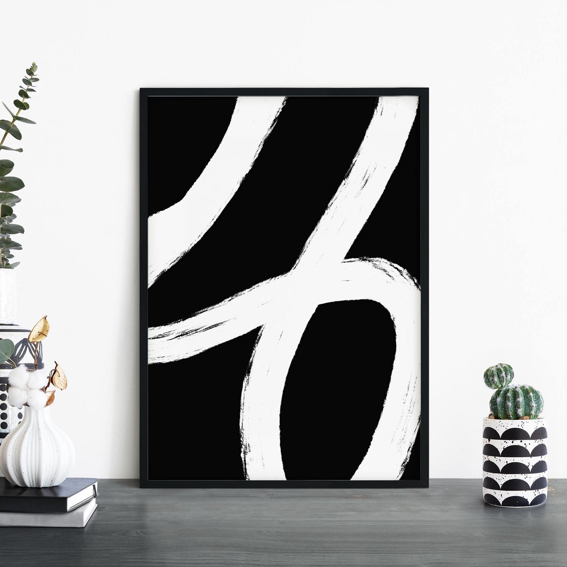 Bold White Brushstroke Curves On Black Abstract Modern Poster