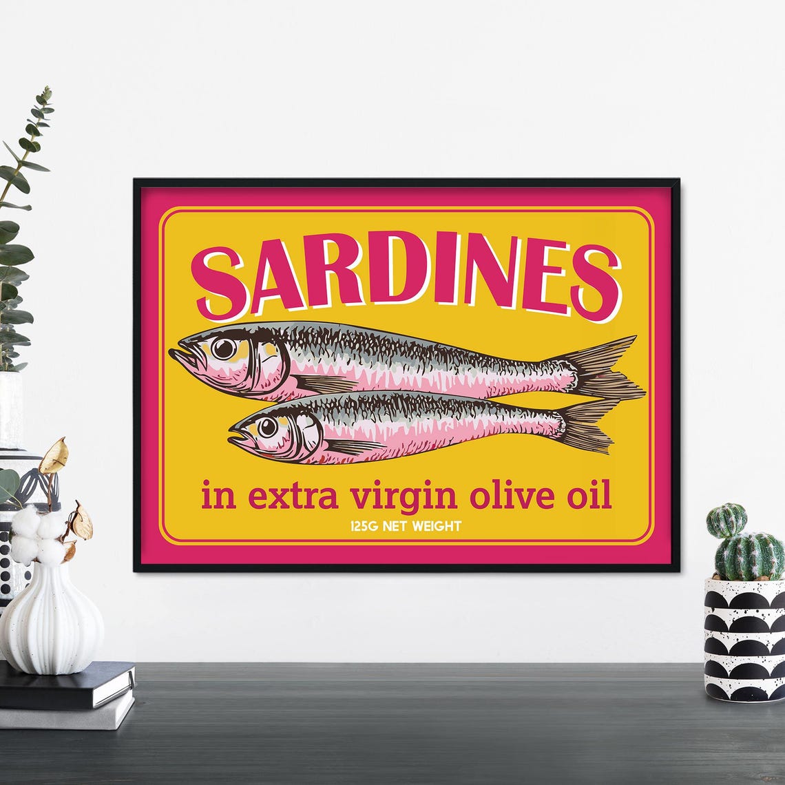 Sardines Yellow Retro Tin Label in Olive Oil Bold Kitchen Poster