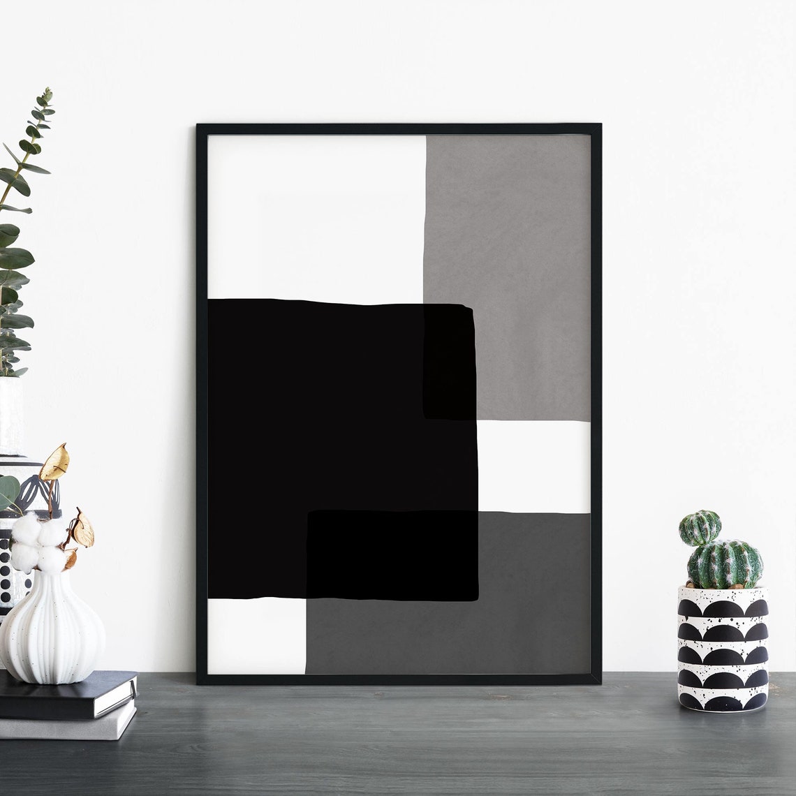 Shades of Grey Abstract Geometric Blocks Modern Minimalist Art Print