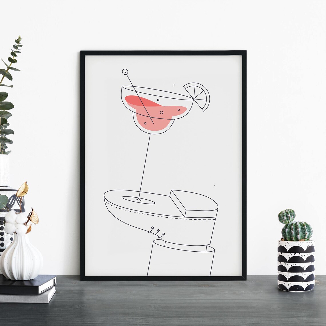 Pink Margarita On A Shoe Quirky Line Art Cocktail Print Minimalist Decor