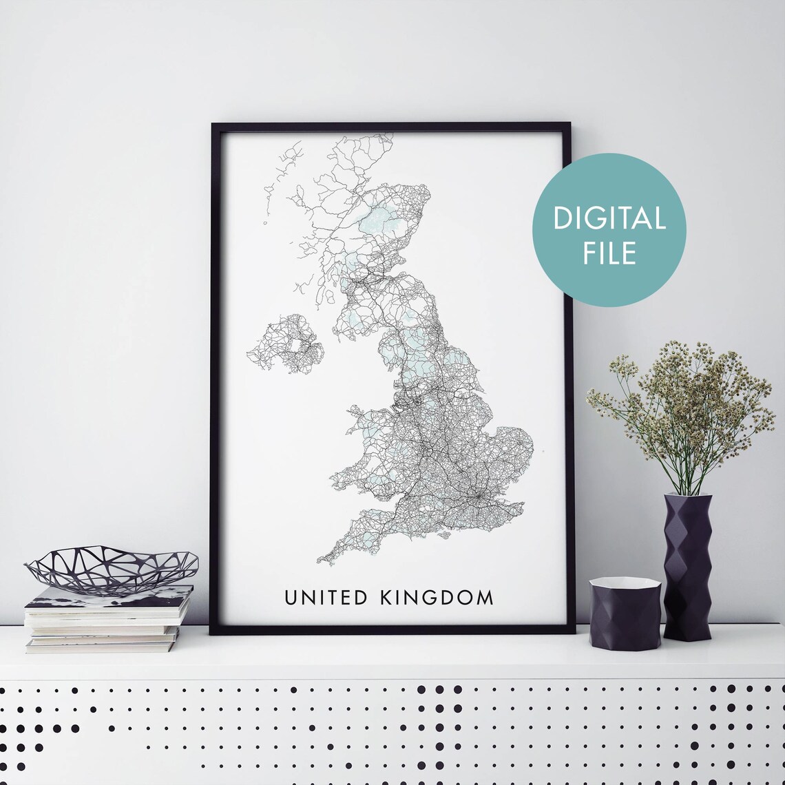 Detailed United Kingdom Road Map Black Line Minimalist Poster