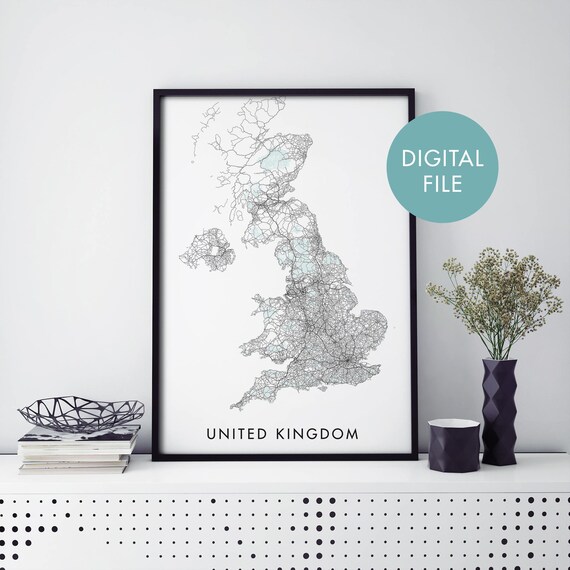 Detailed United Kingdom Road Map Black Line Minimalist Poster