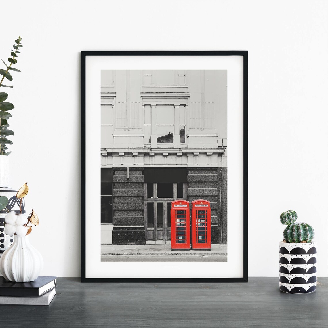 Red London Phone Booth Pair Black and White Street Photo Poster
