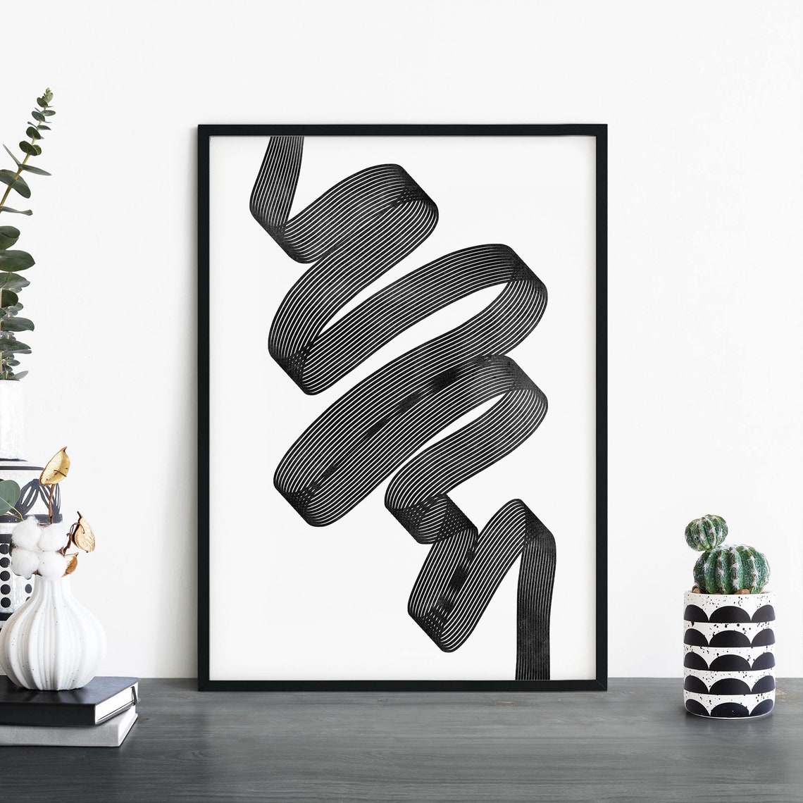 Black And White Striped Wavy Ribbon Twisting Abstract Modern Poster