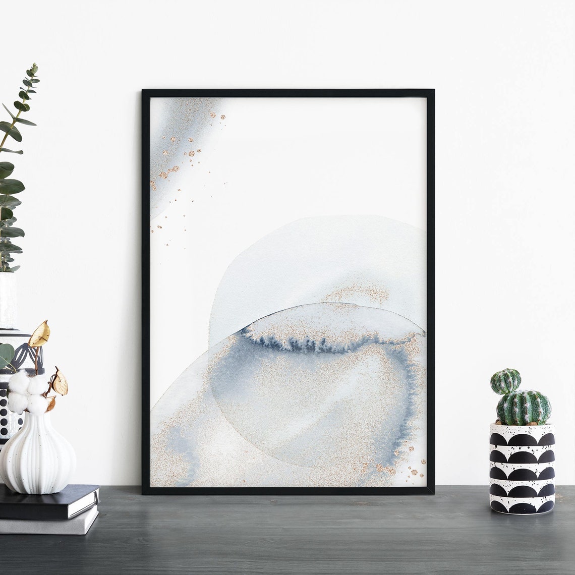 Pale Blue Watercolour Arch Gold Flecks Minimal Abstract Poster
