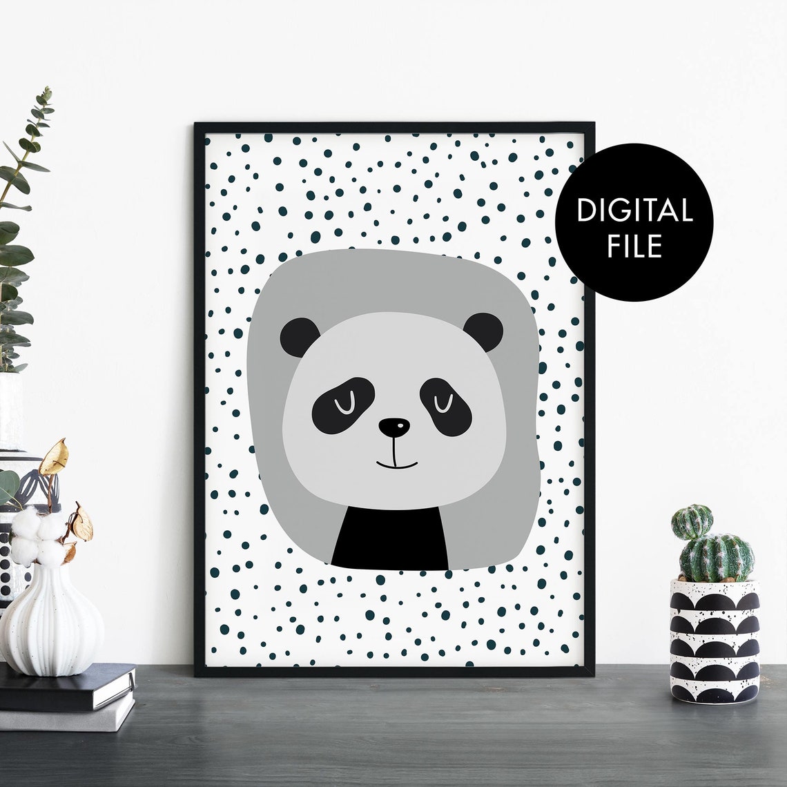 Cute Smiling Panda Face Kids Nursery Print Polka Dots Decor Art