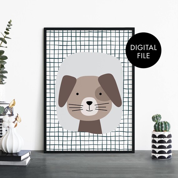 Cute Brown Puppy Dog Face Minimalist Nursery Grid Pattern Wall Art