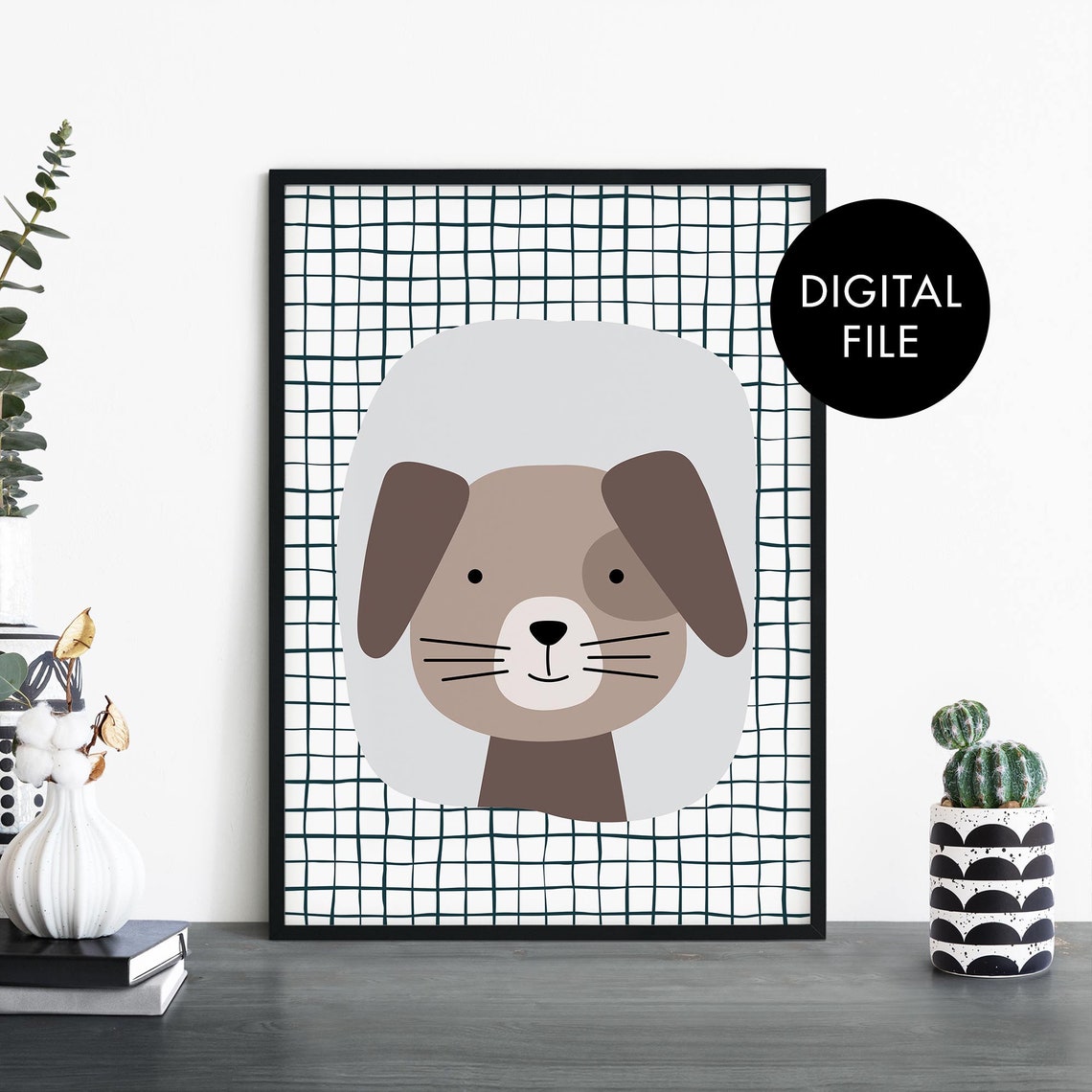 Cute Brown Puppy Dog Face Minimalist Nursery Grid Pattern Wall Art